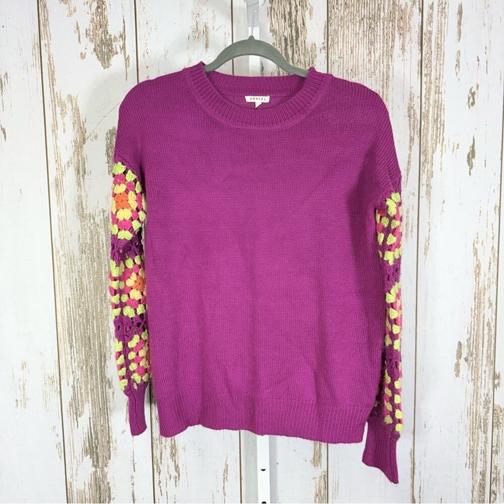 JODIFL Purple Sweater with Floral Crochet Granny Squares Sleeves. Size Small.